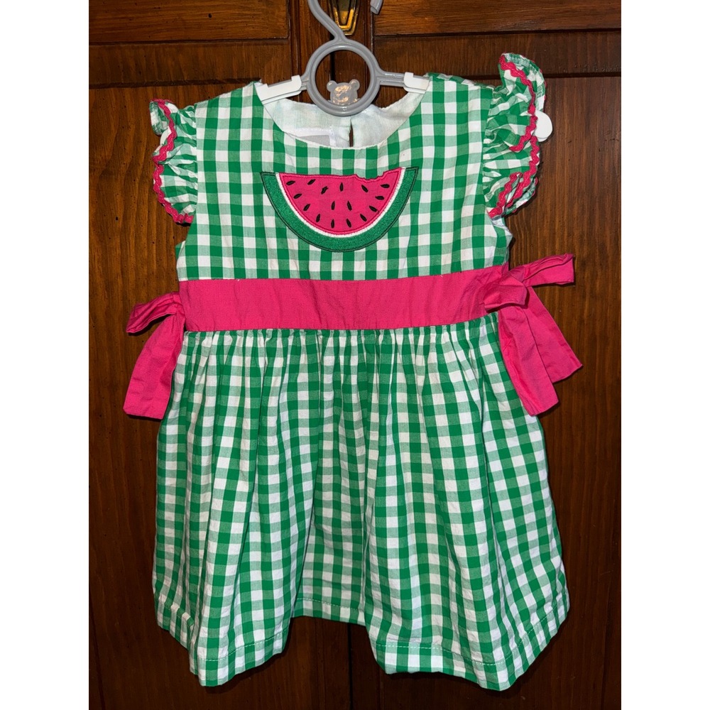 Lil Cactus Girls Green Gingham Watermelon Dress Pink Sash 12-18M